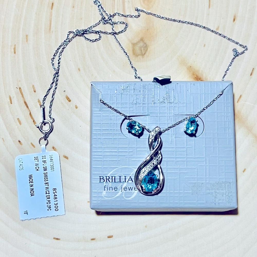 brilliance fine jewelry sterling silver and blue crystal necklace set NIB